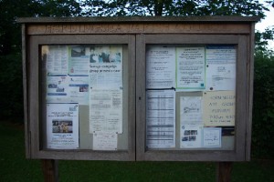 In this picture you see the Notice board in Horningsea village. It has a number of notices on it.