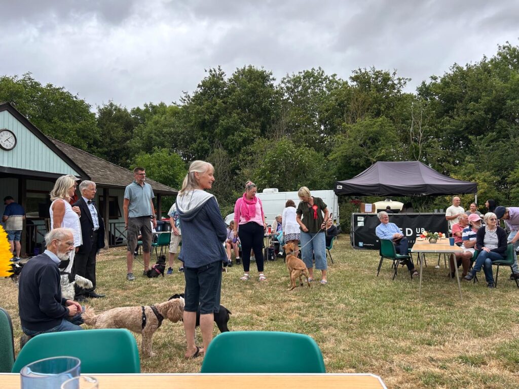 A lineup of pets and their owners.