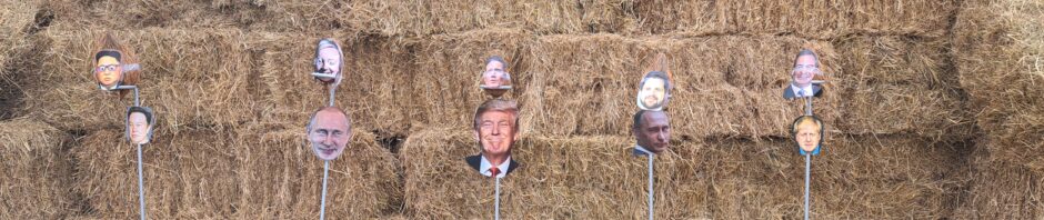 A line of hay bales with coconuts and a row of printed faces off unpopular politicians.